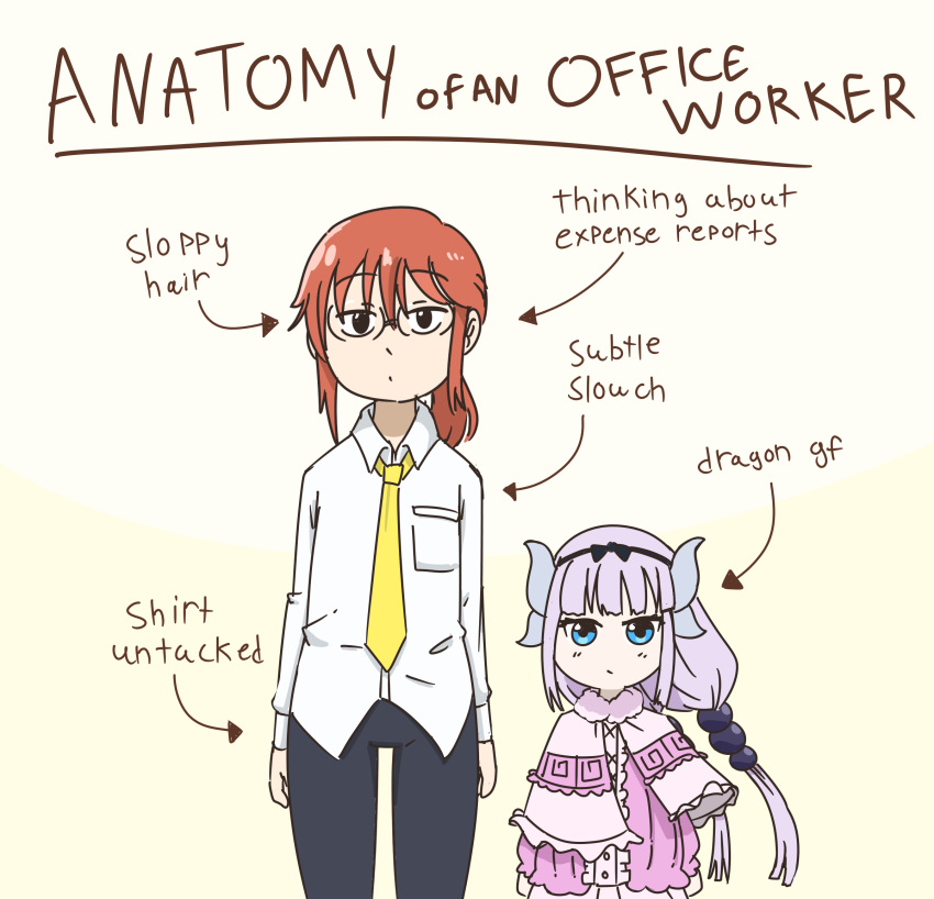 2girls acfan120 anatomy_of_a_gamer_(meme) arrow_(symbol) beads black_pants blue_eyes blunt_bangs capelet commentary dragon_girl dragon_horns dress dress_shirt english_commentary english_text glasses hair_beads hair_ornament hairband highres horns kanna_kamui kobayashi-san_chi_no_maidragon kobayashi_(maidragon) long_hair looking_at_viewer meme multiple_girls necktie pants ponytail purple_dress purple_hair red_hair shirt sidelocks standing twintails white_shirt yellow_necktie