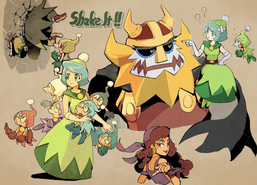 1boy 2girls bandana beard black_cape blue_eyes blue_hair cape captain_syrup dress elbow_gloves eyeshadow facial_hair fake_horns gloves green_dress green_hat hat helmet highres horned_helmet horns long_hair makeup merfle_(wario_land) multiple_girls multiple_views pout purple_bandana queen_merelda red_hair rinabee_(rinabele0120) shake_king short_hair simple_background sleeveless sleeveless_dress through_wall wario_land wario_land:_shake_it! wavy_hair white_gloves