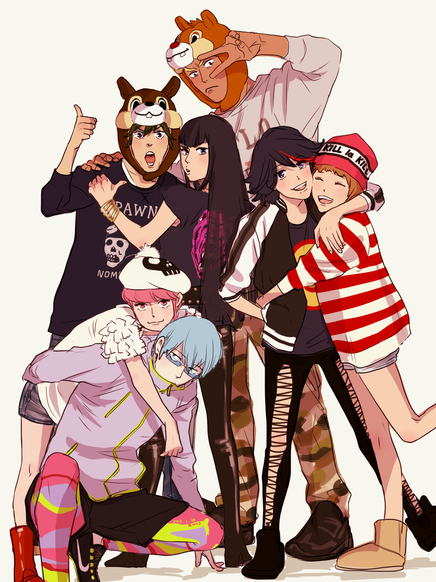 4girls animal_hat bad_id bad_pixiv_id beanie beret camouflage camouflage_pants carrying casual chip_(disney) dale_(disney) gamagoori_ira hat highres hug hug_from_behind inumuta_houka jacket jakuzure_nonon kill_la_kill kiryuuin_satsuki letterman_jacket ma2 mankanshoku_mako matoi_ryuuko multiple_boys multiple_girls pants piggyback sanageyama_uzu shirt shorts signature smile squatting striped striped_shirt t-shirt thumbs_up v