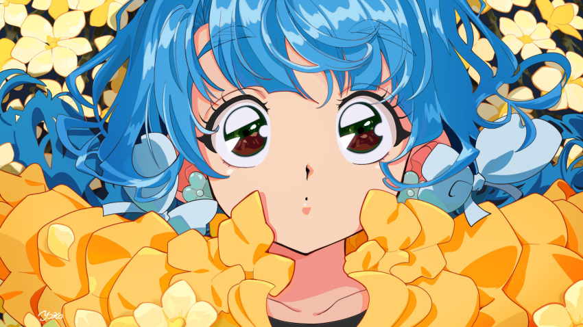 1girl :o blue_bow blue_hair bow close-up commentary earrings english_commentary flower flower_earrings green_eyes hair_bow jewelry long_hair looking_at_viewer original portrait retro_artstyle signature solo straight-on yellow_flower yo-co