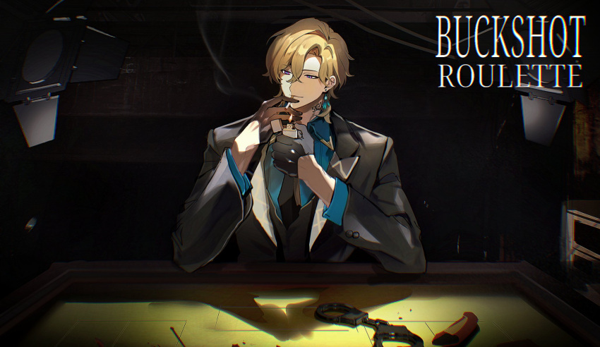 1boy aqua_shirt aventurine_(honkai:_star_rail) black_gloves black_necktie blonde_hair cigarette collared_shirt cuffs earrings english_text gloves hair_between_eyes handcuffs highres holding holding_lighter honkai:_star_rail honkai_(series) jewelry lighter long_sleeves male_focus neck_tattoo necktie plus_q shirt short_hair solo suit tattoo