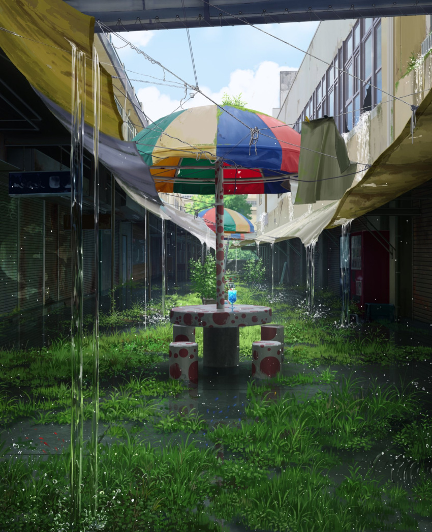 broken_window city cloud cloudy_sky drink floor glass grass highres multicolored_umbrella no_humans original outdoors pei_(sumurai) rain scenery sky table umbrella water window