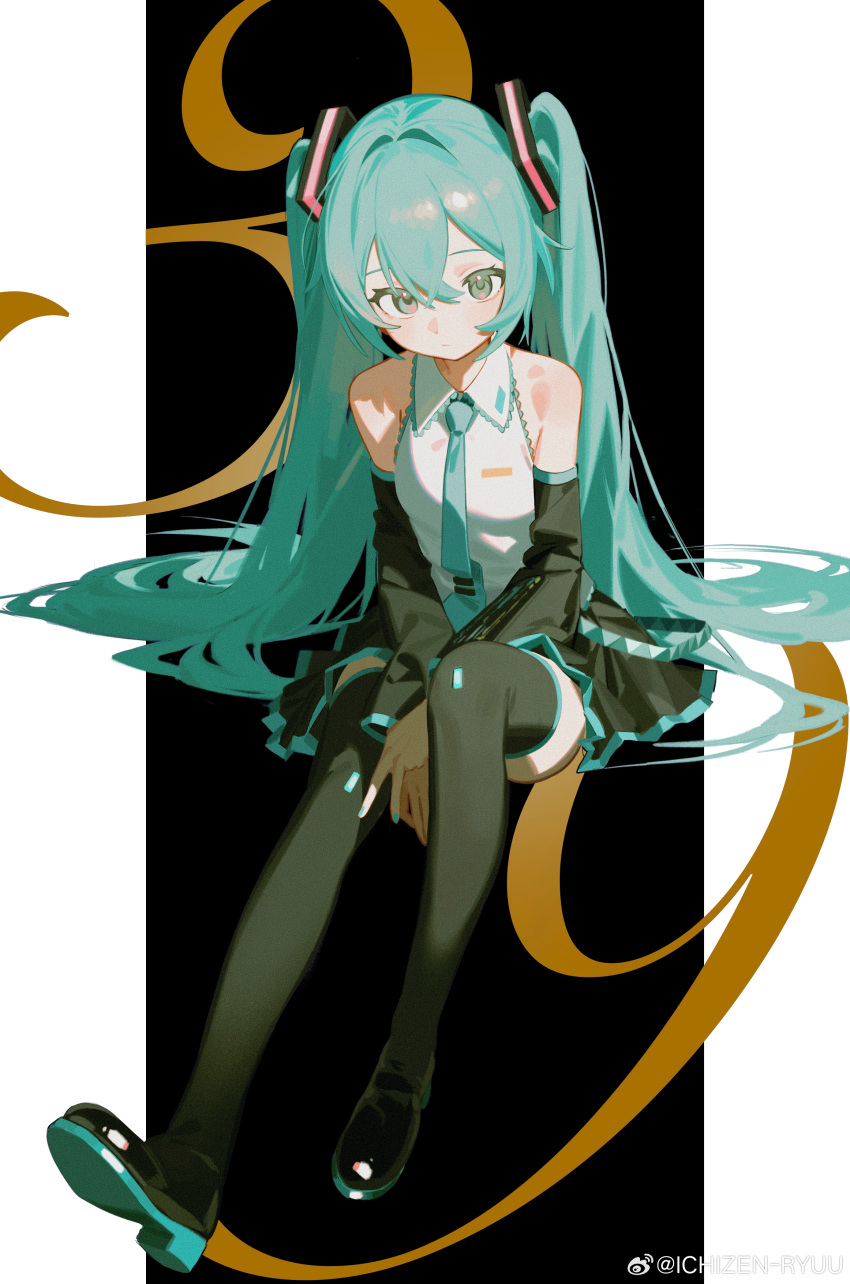 1girl 39 absurdres aqua_hair aqua_necktie arms_between_legs bare_shoulders black_footwear black_skirt black_sleeves boots closed_mouth collared_shirt commentary_request detached_sleeves expressionless full_body grey_eyes hair_between_eyes hatsune_miku highres knee_up long_hair looking_at_viewer miku_day necktie ryuuforkaf shirt sitting skirt solo thigh_boots tie_clip twintails v very_long_hair vocaloid white_shirt