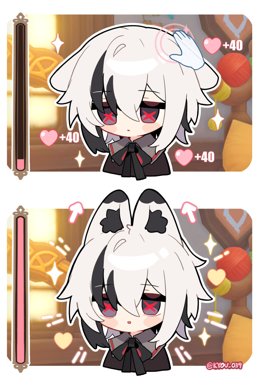 1girl animal_ears arlecchino_(genshin_impact) black_hair blush_stickers chibi child genshin_impact happy heart highres kyou_039 multicolored_hair petting ribbon short_hair symbol-shaped_pupils two-tone_hair white_hair x-shaped_pupils