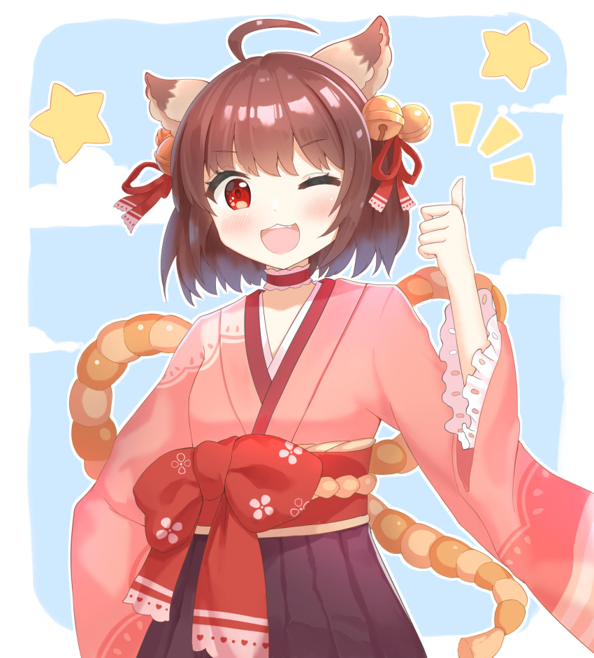 1girl :3 ahoge animal_ears bell blush bow breasts brown_hair brown_skirt cat_ears cat_girl cat_tail choker cloud commentary_request cowboy_shot frilled_choker frills hair_bell hair_ornament hair_ribbon highres ichihime japanese_clothes jingle_bell kimono lace-trimmed_sleeves lace_trim long_sleeves looking_at_viewer mahjong_soul medium_bangs obi one_eye_closed open_mouth pink_kimono red_bow red_choker red_eyes red_ribbon red_sash ribbon sash short_hair skirt small_breasts smile solo star_(symbol) tail thumbs_up waist_bow wide_sleeves yuetsu