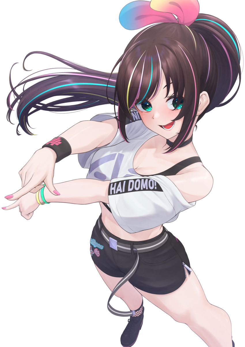 1girl absurdres aqua_eyes bare_shoulders belt black_choker black_footwear black_shorts blush breasts brown_hair choker cleavage crop_top from_above green_eyes gunknown highres kizuna_ai kizuna_ai_(a.i._games) kizuna_ai_(musician) kizuna_ai_inc. long_hair medium_breasts midriff multicolored_hair open_mouth pink_nails pointing ponytail romaji_text shirt_slip short_shorts shorts sidelocks simple_background smile solo streaked_hair swept_bangs virtual_youtuber white_background wristband zipper_shorts