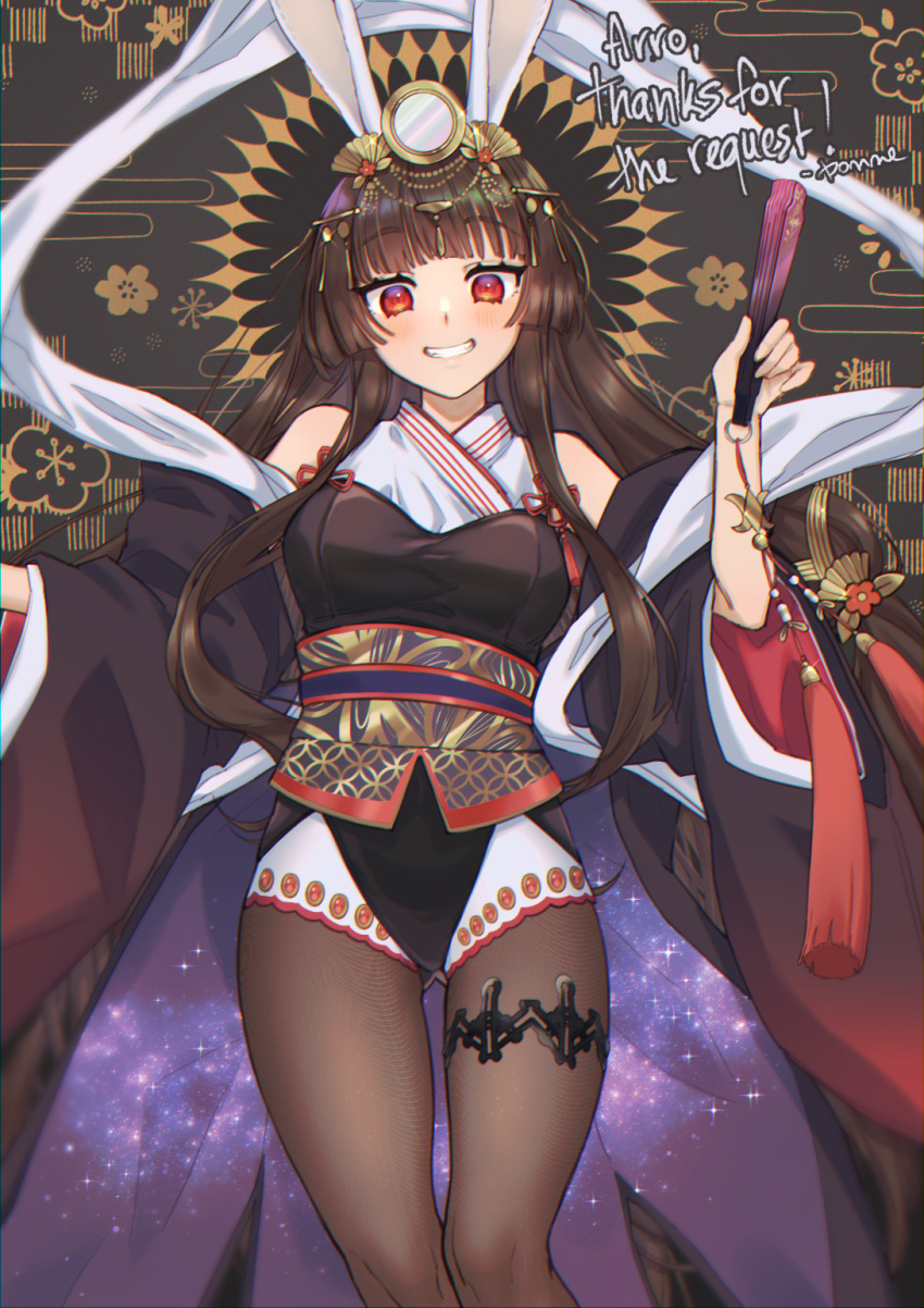 1girl animal_ears black_kimono breasts brown_background brown_hair brown_pantyhose commentary commission egasumi english_commentary feet_out_of_frame fine_fabric_emphasis folding_fan gold grin hand_fan head_mirror headpiece highres hime_cut holding holding_fan japanese_clothes kaguyahime_(mahjong_soul) kimono long_hair looking_at_viewer mahjong_soul medium_bangs medium_breasts obi pantyhose pixiv_commission pomme_(pomette_) print_kimono rabbit_ears red_eyes sash sidelocks smile solo starry_sky_print yellow_sash