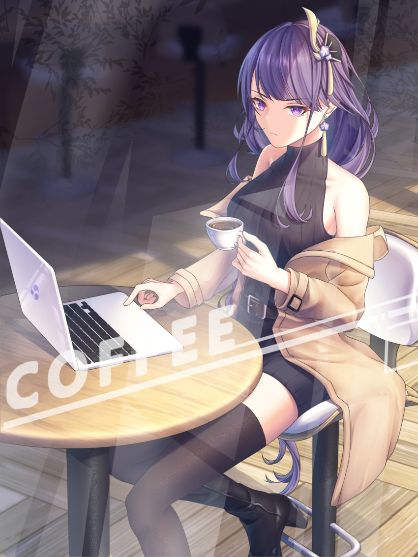 armpit_crease bare_shoulders belt black_footwear black_thighhighs breasts brown_belt brown_coat cafe coat coffee coffee_cup computer cup disposable_cup dress earrings electro_symbol_(genshin_impact) foot_out_of_frame genshin_impact hair_ornament highres holding holding_cup huangquan_(yumi_37948746) jewelry laptop long_hair medium_breasts off-shoulder_coat off_shoulder on_chair purple_eyes purple_hair raiden_shogun sitting thighhighs turtleneck turtleneck_dress very_long_hair