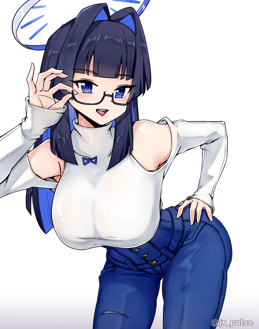 1girl absurdres adjusting_eyewear artist_name ass ass_visible_through_thighs bare_shoulders bent_over black_hair blue_eyes blue_hair blue_pants blunt_bangs breasts clothing_cutout colored_inner_hair denim glasses hair_intakes hand_on_own_hip high-waist_pants highres hololive hololive_english jeans jrpulse large_breasts leaning_forward long_hair long_sleeves multicolored_hair official_alternate_costume official_alternate_hair_length official_alternate_hairstyle ouro_kronii ouro_kronii_(casual) pants semi-rimless_eyewear shoulder_cutout solo sweater thighs turtleneck twitter_username virtual_youtuber white_sweater