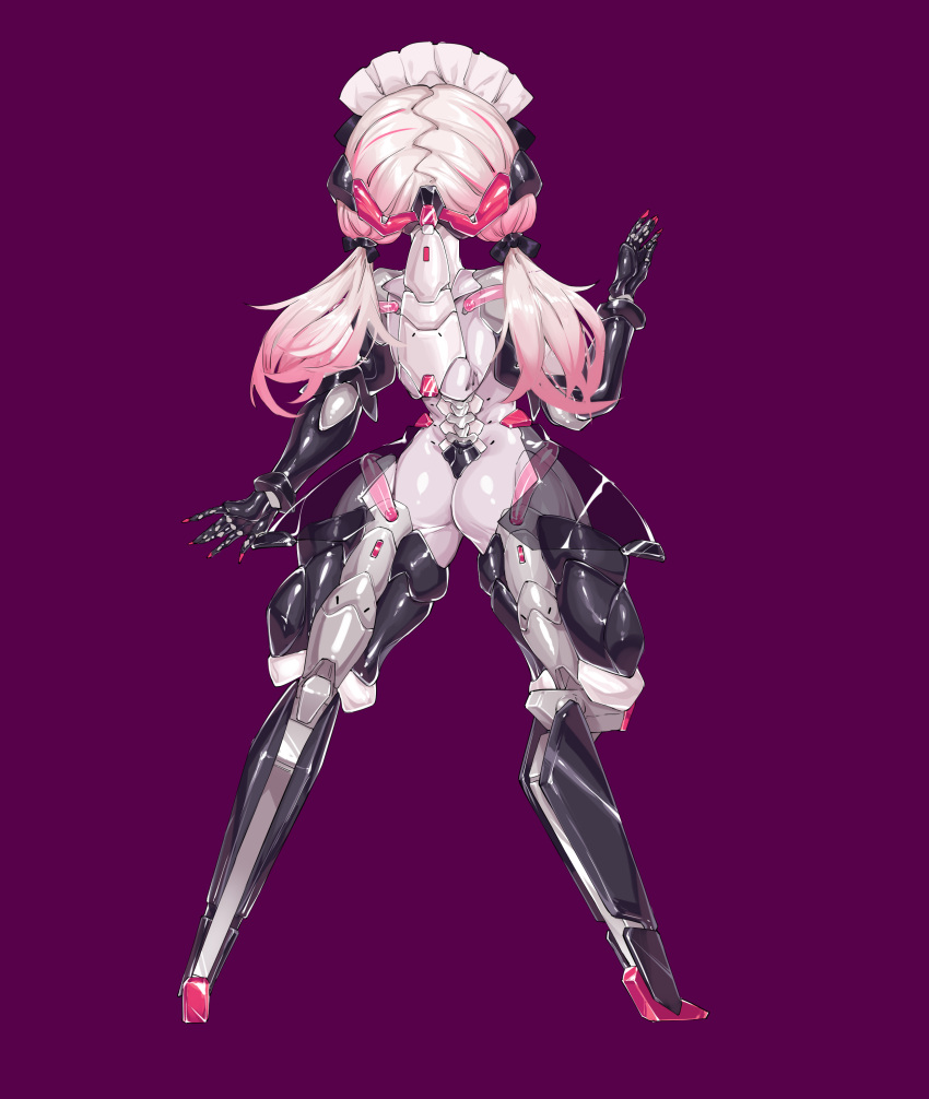 1girl absurdres arms_behind_back ass bodysuit bound bound_arms bound_legs breasts digitigrade exoskeleton from_behind full_body highres jian_xuanyuan large_breasts latex long_hair low_twintails mecha_musume mechanical_arms mechanical_legs original pink_hair purple_background reverse_prayer second-party_source shiny_clothes skin_tight solo standing stealth_bondage twintails variant_set