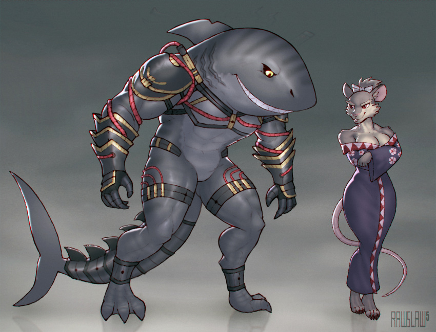 3_toes accessory anthro armaggon armor asian_clothing bow_ribbon buckteeth centered_hair_bow claws clothing crossed_arms crossgender digitigrade dorsal_fin duo east_asian_clothing feet female fin fish fur gills grey_body grey_fur grey_skin hair_accessory hair_bow hair_ribbon hi_res interspecies japanese_clothing kimono long_tail male male/female mammal marine markings master_splinter mtf_crossgender murid murine rat rawslaw5 ribbons rodent shark sharp_teeth smile story story_in_description striped_markings stripes tail tail_fin teenage_mutant_ninja_turtles teeth toe_claws toes yellow_eyes