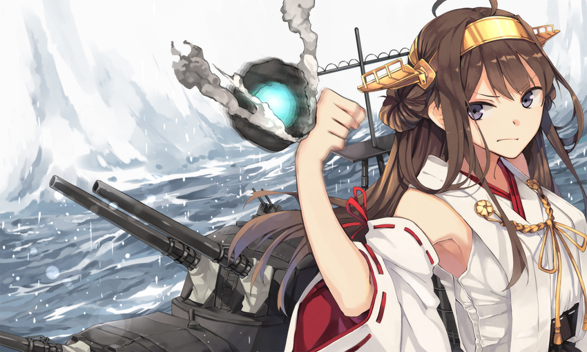 :| ahoge armpits blue_eyes brown_hair closed_mouth detached_sleeves double_bun hairband hao_(patinnko) highres japanese_clothes kantai_collection kongou_(kantai_collection) long_hair nontraditional_miko revision solo turret v-shaped_eyebrows
