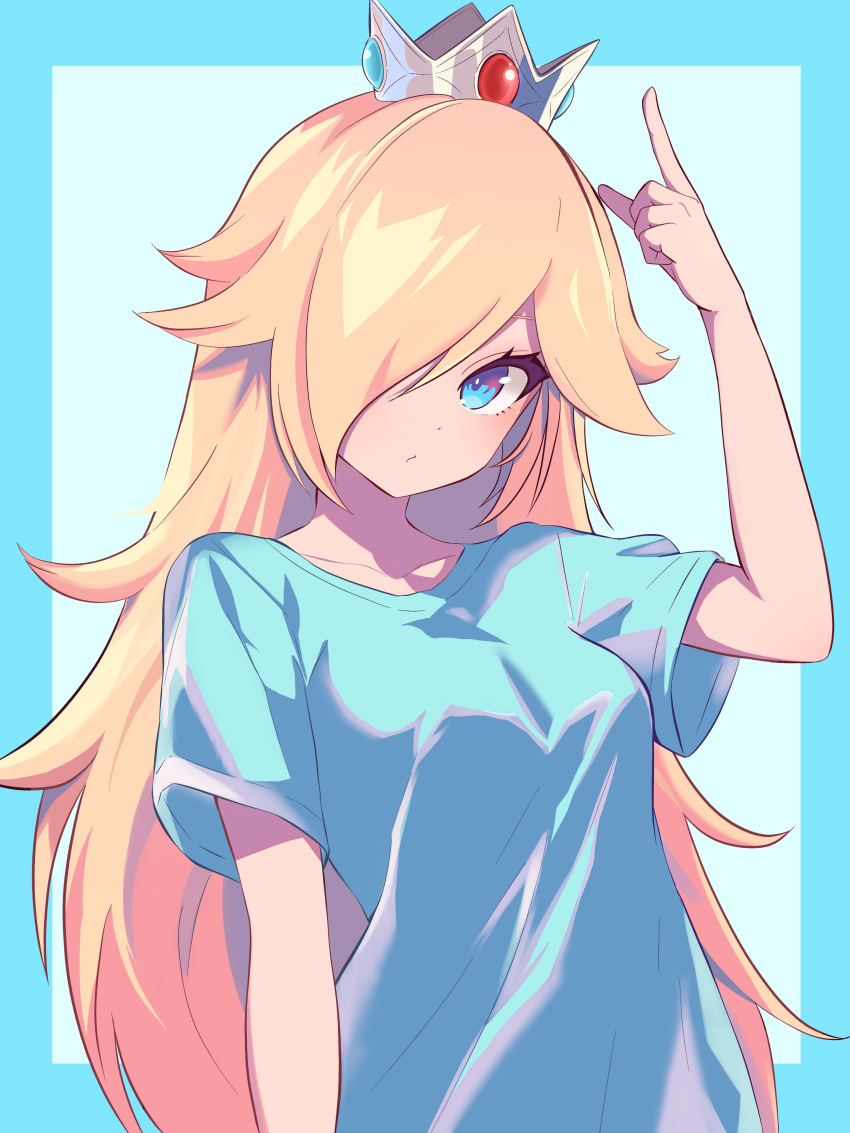 1girl absurdres alternate_costume blonde_hair blue_border blue_eyes blue_shirt border closed_mouth collarbone crown eyelashes hair_over_one_eye highres index_finger_raised long_bangs long_hair looking_at_viewer mario_(series) pointing pointing_up rosalina ryu160303 shirt short_sleeves solo upper_body very_long_hair