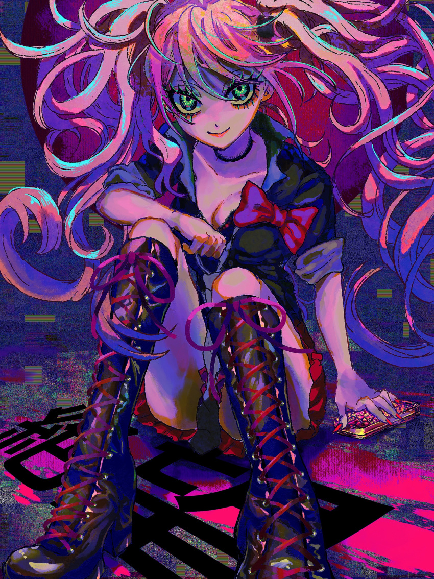 1girl absurdres arm_on_knee bear_hair_ornament black_choker black_footwear black_jacket black_necktie black_sleeves blonde_hair blood blood_splatter blue_eyes boots bow bowtie breasts cellphone choker cleavage clenched_hand closed_mouth collarbone collared_shirt commentary cross-laced_footwear danganronpa:_trigger_happy_havoc danganronpa_(series) enoshima_junko eyelashes footwear_ribbon full_body grey_background hair_ornament highres holding holding_phone jacket knee_boots knees_up large_breasts lipstick long_hair long_sleeves looking_at_viewer makeup mascara miniskirt nail_polish neckerchief necktie phone pink_blood pink_lips pleated_skirt red_bow red_bowtie red_nails red_ribbon red_skirt ribbon shirt sitting skirt sleeves_past_elbows sleeves_rolled_up smartphone smile solo twintails two-tone_necktie uyu_(yumeyumepop7) white_neckerchief white_shirt