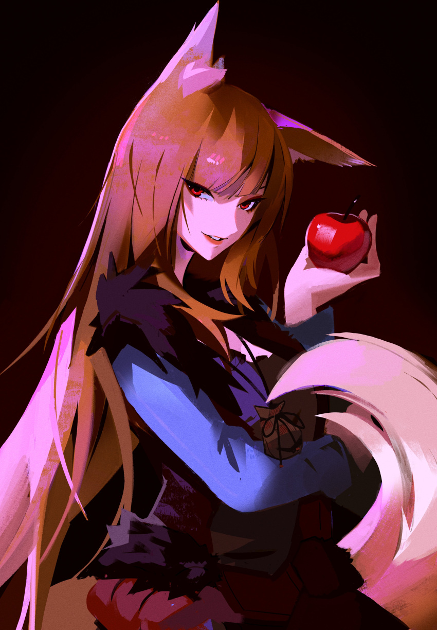 1girl absurdres animal_ear_fluff animal_ears apple blue_shirt brown_hair food fruit gradient_background hand_up highres holo in_palm long_hair long_sleeves looking_at_viewer nem_graphics parted_lips pouch red_apple red_eyes shirt smile solo spice_and_wolf tail teeth upper_body very_long_hair wolf_ears wolf_girl wolf_tail