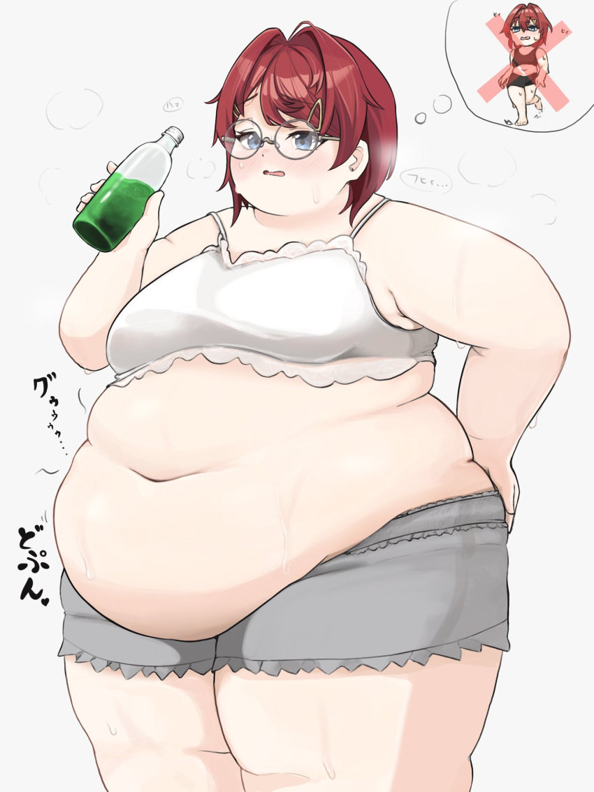 7sufyfhysfsdkn0 ange_katrina ange_katrina_(6th_costume) armpit_crease blush bottle camisole camisole_lift clothes_lift commentary_request fat fat_rolls hair_intakes hair_ornament hairclip hand_on_own_hip heavy_breathing highres holding holding_bottle lace-trimmed_camisole lace_trim medium_hair nijisanji obese red_hair round_eyewear skindentation sound_effects steaming_body sweat thick_thighs thighs thought_bubble very_sweaty virtual_youtuber white_camisole