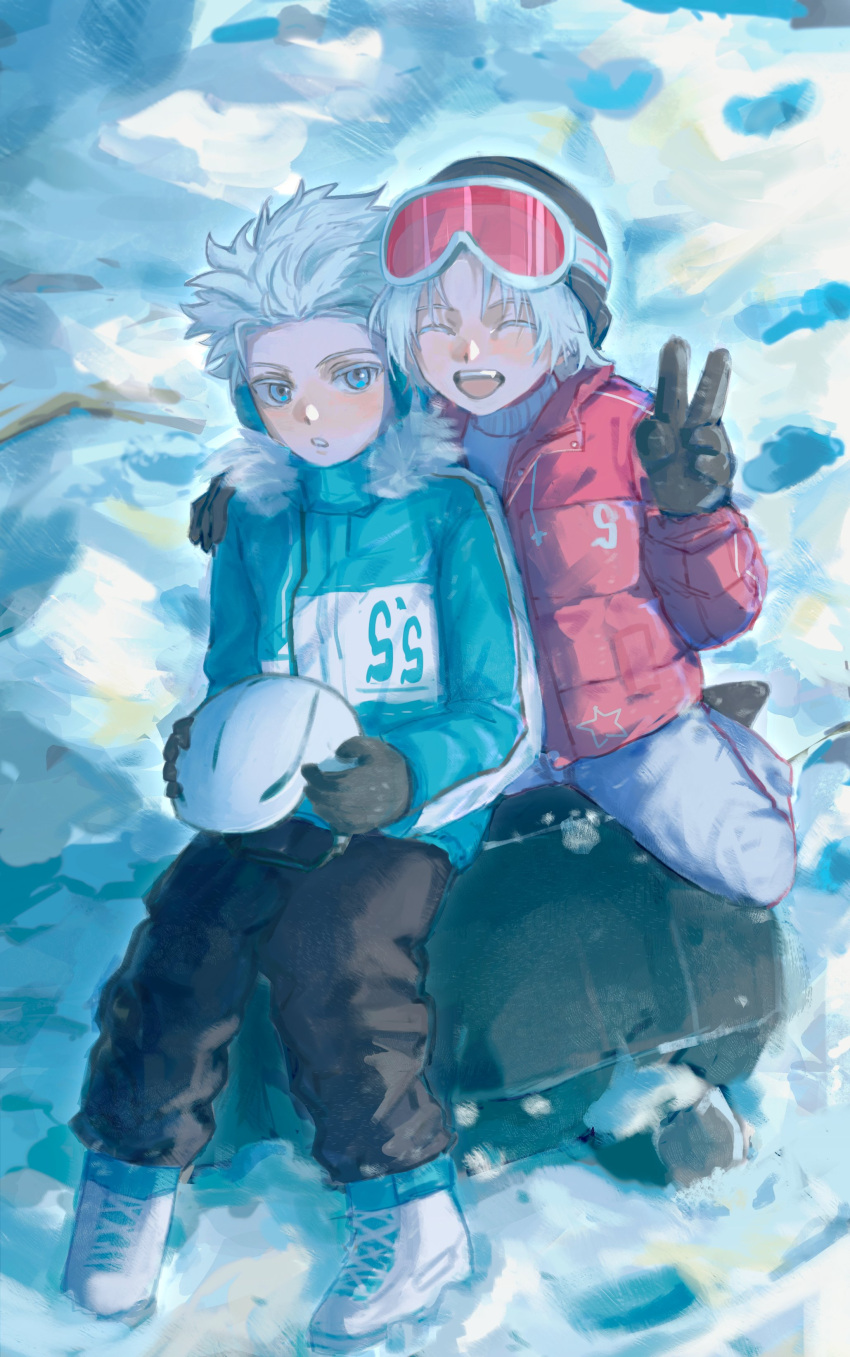 2boys absurdres aged_down blue_eyes chiki_12345d coat cold dante_(devil_may_cry) devil_may_cry_(series) duffel_coat gloves hair_slicked_back highres holding looking_at_viewer male_focus multiple_boys open_mouth outdoors siblings smile snow snowing twins vergil_(devil_may_cry) white_hair winter winter_clothes