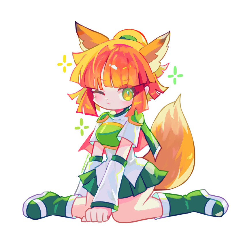 1girl :&lt; absurdres alternate_color animal_ears arle_nadja armor blunt_bangs blush boots breastplate brown_hair closed_mouth fox_ears fox_girl fox_tail green_eyes green_footwear green_skirt highres kemonomimi_mode looking_at_viewer offbeat one_eye_closed pleated_skirt puyopuyo short_hair short_ponytail simple_background skirt solo tail white_background