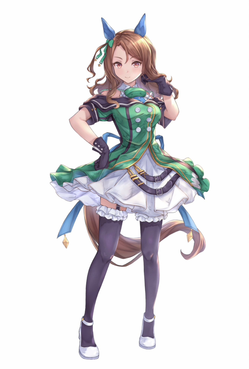 1girl animal_ears black_gloves black_thighhighs breasts brown_eyes brown_hair buttons dress ear_covers frilled_dress frilled_thighhighs frills full_body garter_straps gloves green_dress highres horse_ears horse_girl horse_tail king_halo_(umamusume) layered_dress looking_at_viewer medium_hair peperoncino-sama puffy_short_sleeves puffy_sleeves short_sleeves simple_background smile solo tail thighhighs umamusume wavy_hair white_background white_footwear