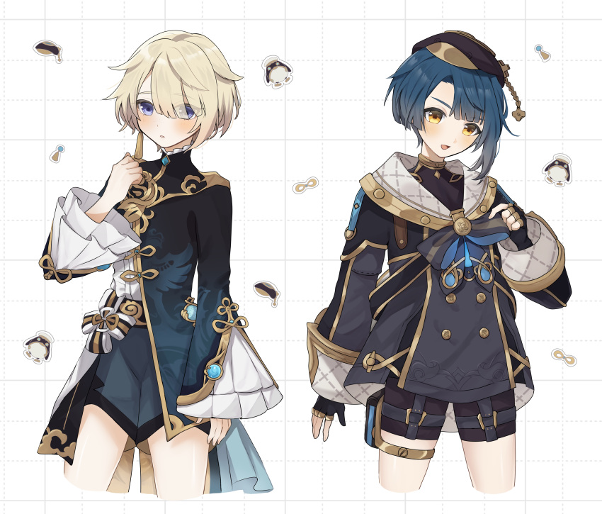 2boys absurdres black_gloves black_hat black_shorts blonde_hair blue_eyes blue_hair blush cosplay costume_switch cropped_legs earrings freminet_(genshin_impact) freminet_(genshin_impact)_(cosplay) frilled_sleeves frills genshin_impact gloves gorila_chan hair_between_eyes hair_over_one_eye hat highres jewelry long_sleeves male_focus multiple_boys open_mouth orange_eyes parted_lips partially_fingerless_gloves pers_(genshin_impact) shorts simple_background single_earring thigh_strap vision_(genshin_impact) xingqiu_(genshin_impact) xingqiu_(genshin_impact)_(cosplay)