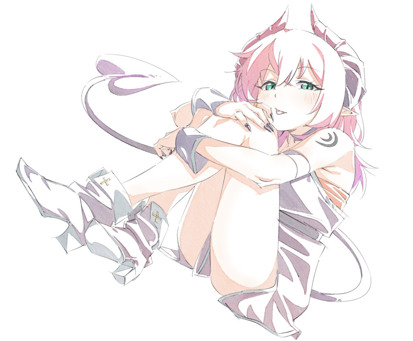 1girl :p blush boots demon_girl demon_horns demon_tail dress fingernails green_eyes high_heel_boots high_heels highres horns hugging_own_legs knees_to_chest long_fingernails long_hair looking_at_viewer original pink_hair pointy_ears sakuya_(saqu09307728) short_dress shoulder_tattoo simple_background sitting smile solo tail tattoo tongue tongue_out white_background wrist_cuffs