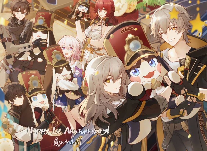 1other 3boys 3girls :d ;d animal_ears astral_express_(honkai:_star_rail) belt black_choker black_gloves black_hair black_jacket black_pants blue_eyes blue_skirt bracelet brown_belt brown_hair caelus_(honkai:_star_rail) choker coat confetti dan_heng_(honkai:_star_rail) dress glasses gloves grey_coat grey_scarf hair_between_eyes happy_anniversary hat himeko_(honkai:_star_rail) holding holding_stuffed_toy honkai:_star_rail honkai_(series) hood hooded_jacket hugging_object indoors jacket jewelry long_hair lop_rabbit_ears march_7th_(honkai:_star_rail) multicolored_eyes multiple_boys multiple_girls one_eye_closed open_clothes open_coat open_jacket pants pink_eyes pink_hair plant pleated_skirt pom-pom_(honkai:_star_rail) potted_plant rabbit_ears red_hair red_hat scarf shako_cap shirt short_hair sidelocks single_glove skirt smile stelle_(honkai:_star_rail) stuffed_animal stuffed_rabbit stuffed_toy suitchi_(gn4othi61) trailblazer_(honkai:_star_rail) two-tone_eyes watermark welt_yang white_dress white_shirt yellow_eyes