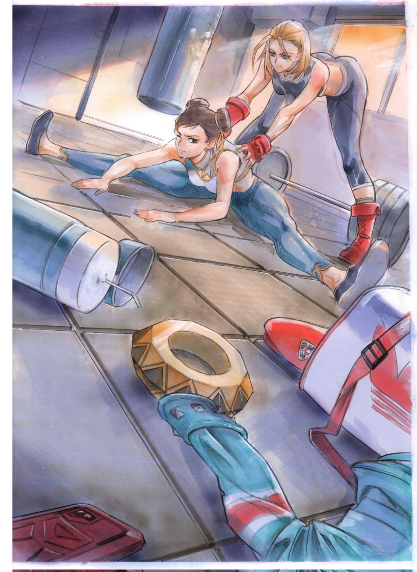 2girls assisted_stretching barbell bent_over black_hair blonde_hair boots cammy_white chun-li combat_boots double_bun flats gym hair_bun hair_ribbon highres jacket multiple_girls punching_bag ribbon rodrigo_yoshimiya short_hair smile spread_legs street_fighter street_fighter_6 stretching unworn_clothes unworn_jacket window yellow_ribbon