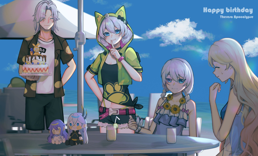 1boy 3girls absurdres ahoge animal_ears beach_umbrella belt bianka_durandal_ataegina bianka_durandal_ataegina_(valkyrie_gloria) birthday_cake black_shirt black_shorts blonde_hair blue_eyes blue_sky cake cat_ears cecilia_schariac character_name closed_eyes closed_mouth cloud cloudy_sky cup doll drinking_straw english_commentary english_text fake_animal_ears flower food green_jacket happy_birthday highres homu_(honkai_impact) honkai_(series) honkai_impact_3rd jacket kiana_kaslana kiana_kaslana_(knight_moonbeam) misapit multiple_girls shirt short_sleeves shorts siegfried_kaslana sirin sky sleeveless summer sunflower table theresa_apocalypse theresa_apocalypse_(valkyrie_pledge) umbrella white_hair white_shirt