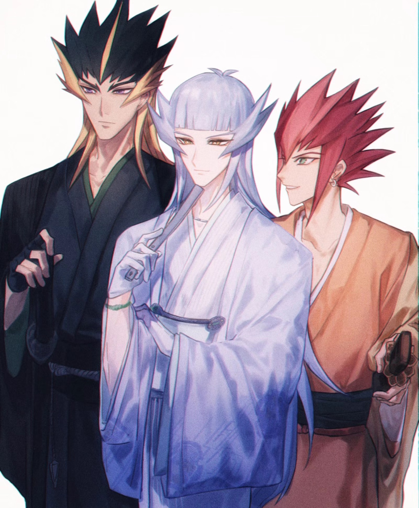 3boys alternate_costume bad_id bad_lofter_id black_gloves black_hair black_hakama black_kimono black_sash blonde_hair brave_(yu-gi-oh!) dragan_(yu-gi-oh!) earrings expressionless fingerless_gloves gloves green_eyes grey_hair grin hakama hand_fan hand_on_own_arm hand_up hands_up harald_(yu-gi-oh!) highres holding holding_fan holding_sword holding_weapon hoop_earrings japanese_clothes jewelry katana kimono light_smile long_hair looking_at_another looking_to_the_side male_focus multicolored_hair multiple_boys naoki_(2rzmcaizerails6) orange_kimono purple_eyes red_hair sash scabbard sheath simple_background smile spiked_hair sword upper_body weapon white_background white_gloves white_kimono wide_sleeves yellow_eyes yu-gi-oh! yu-gi-oh!_5d's