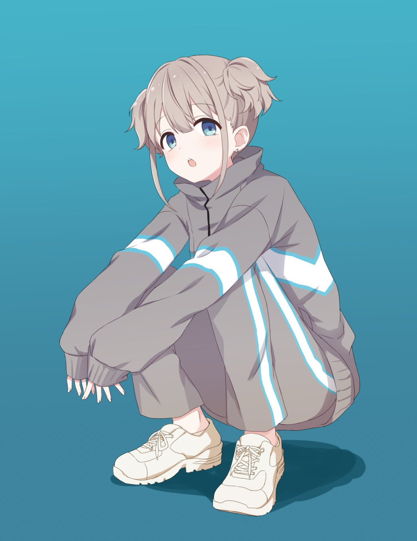 1girl :o arms_on_knees blue_background blue_eyes blue_stripes dot_nose double-parted_bangs earrings full_body grey_hair grey_jacket grey_pants hair_between_eyes hashtag-only_commentary highres idolmaster idolmaster_shiny_colors jacket jewelry light_blush looking_at_viewer looking_to_the_side medium_hair open_mouth pants rgst_(ramgester) serizawa_asahi short_twintails sideways_glance simple_background slav_squatting sleeves_past_wrists solo squatting thick_eyelashes three_quarter_view track_jacket track_pants track_suit twintails v_arms white_footwear white_stripes