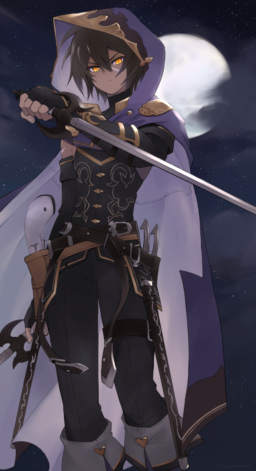 1boy absurdres black_gloves black_hair cloak dark-skinned_male dark_skin dual_wielding elbow_gloves fingerless_gloves full_moon gloves granblue_fantasy hair_between_eyes highres holding holding_knife hood hood_up hooded_cloak jamil_(granblue_fantasy) knife looking_at_viewer male_focus moon night night_sky outdoors purple_cloak scar scar_on_face scar_on_shoulder serious sheath short_hair sky solo standing star_(sky) starry_sky thigh_strap urjuwanwan white_scars yellow_eyes