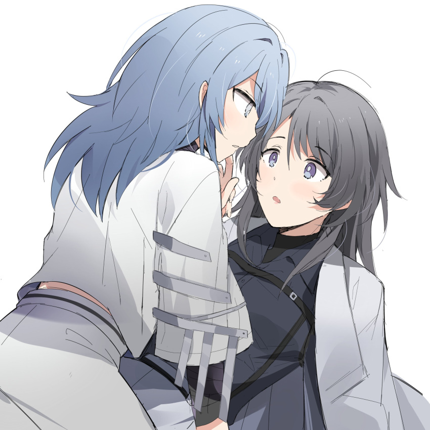 2girls absurdres black_shirt blue_hair blush bright_pupils chest_strap chief_(path_to_nowhere) coat coat_on_shoulders collared_shirt eye_contact female_chief_(path_to_nowhere) grey_coat grey_eyes grey_hair hecate_(path_to_nowhere) highres layered_sleeves long_hair long_sleeves looking_at_another multiple_girls parted_lips path_to_nowhere purple_eyes sappazell shirt short_over_long_sleeves short_sleeves simple_background skirt straddling white_background white_pupils white_shirt white_skirt yuri