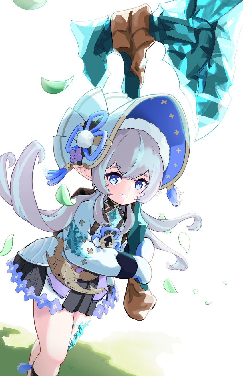 1girl absurdres axe backpack bag blue_eyes blush bonnet feet_out_of_frame granblue_fantasy grey_hair grin harvin hat_tassel highres holding holding_axe kumanomenekoze long_hair looking_at_viewer pointy_ears randoseru smile solo