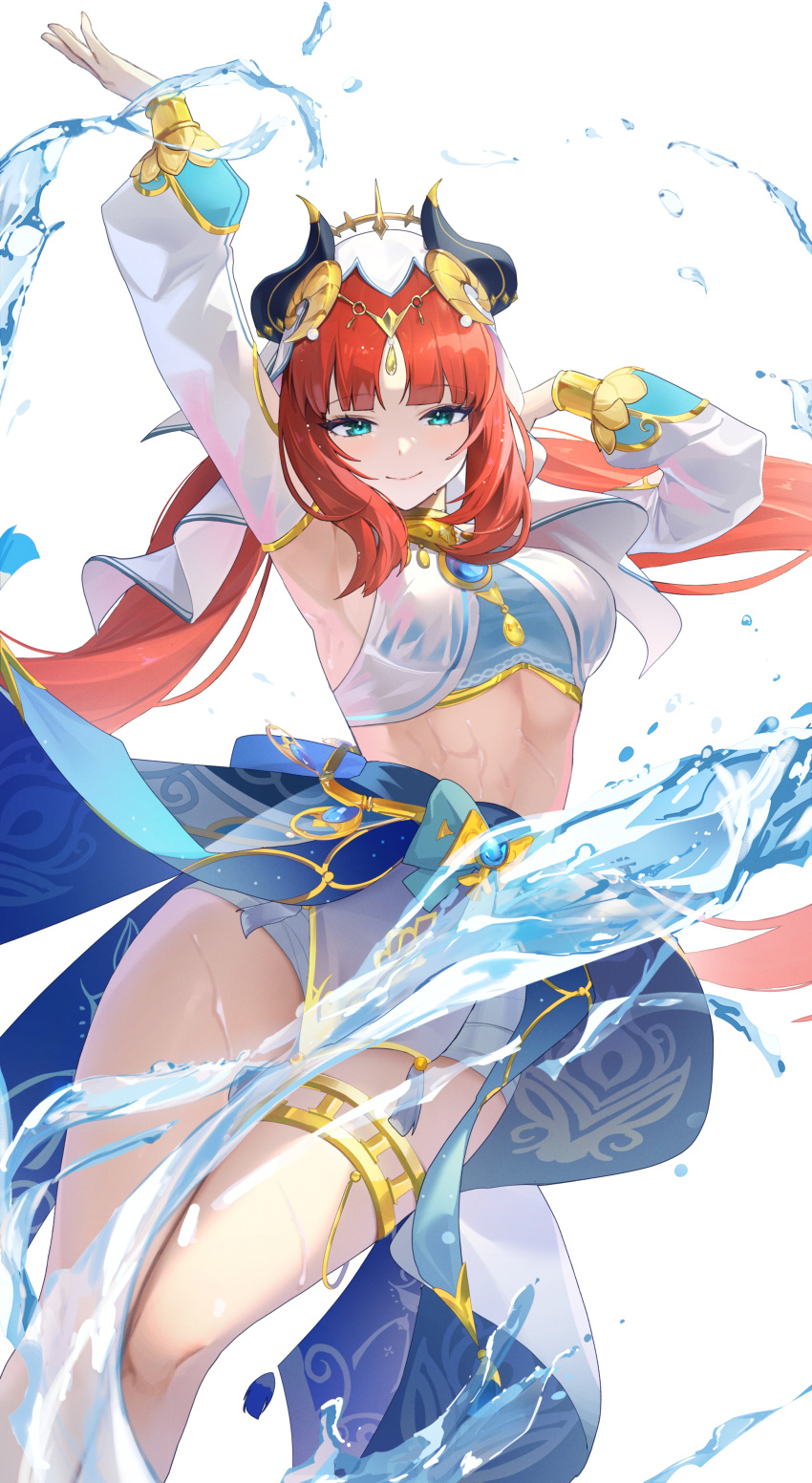 1girl absurdres aqua_eyes armpits arms_up blue_gemstone blue_skirt blunt_bangs breasts brooch circlet closed_mouth dancer detached_sleeves fake_horns feet_out_of_frame floating_hair gem genshin_impact gold_trim hand_up harem_outfit highres horns hydrokinesis jewelry jira_(0116) legs_together long_sleeves looking_at_viewer medium_breasts neck_ring nilou_(genshin_impact) parted_bangs puffy_long_sleeves puffy_sleeves red_hair short_shorts shorts sidelocks skirt smile solo thighlet twintails water wet white_background white_shorts white_veil