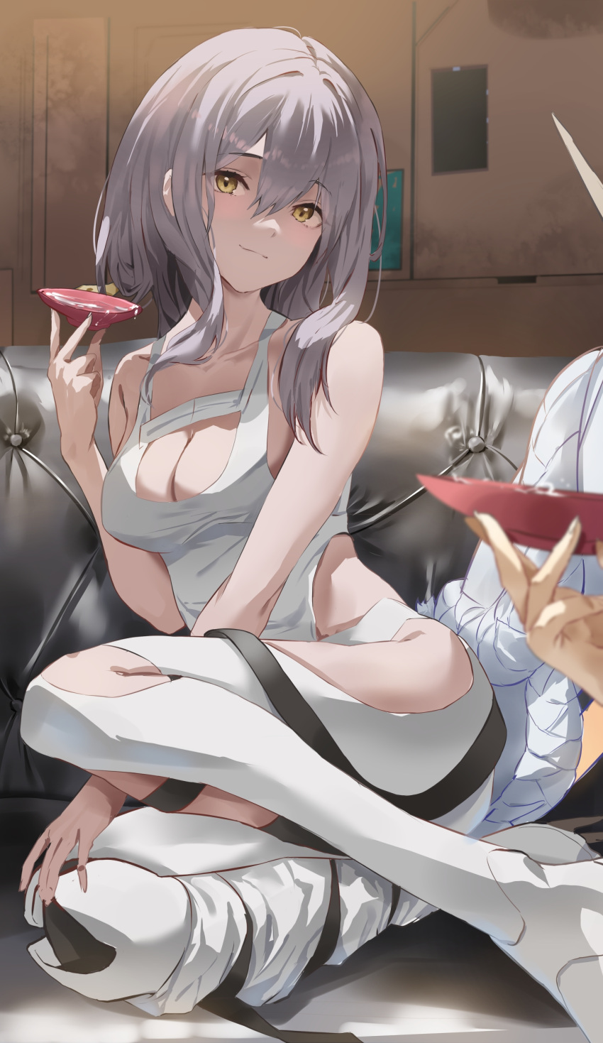 1girl 1other absurdres bare_shoulders breasts cleavage collarbone couch cup goddess_of_victory:_nikke grey_hair highres hip_vent kuu_(user_gngs5284) leotard long_hair looking_at_viewer medium_breasts on_couch sakazuki scarlet_(nikke) sitting smile solo_focus white_leotard yellow_eyes