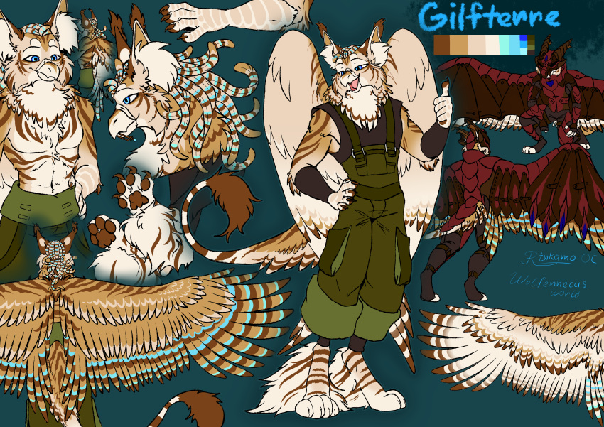 absurd_res anthro avian beak clothed clothing digital_media_(artwork) english_text fur gryphon hi_res male mythological_avian mythological_creature mythology open_mouth pawpads paws rinkamo signature simple_background smile solo stripes tail tail_tuft text tuft wings wolfennecus(world)