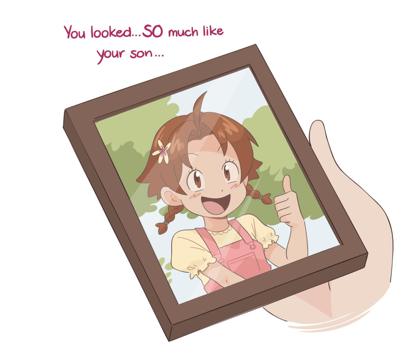 1girl aged_down ahoge braid brown_eyes brown_hair delia_ketchum flower hair_flower hair_ornament highres jessie_(pokemon) kiana_mai medium_hair open_mouth overalls picture_frame pokemon pokemon_(anime) simple_background smile solo thumbs_up tree twin_braids white_background