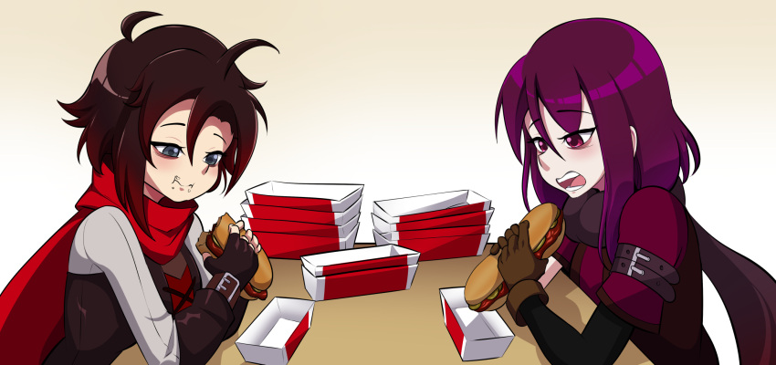 2girls arm_strap bags_under_eyes bmkro brown_gloves brown_hair cape character_request chewing closed_mouth commentary commission eating english_commentary fingerless_gloves food food_on_face gloves grey_eyes highres holding holding_food holding_sandwich messy_hair multiple_girls open_mouth purple_eyes purple_hair red_cape ruby_rose rwby sandwiched short_hair simple_background submarine_sandwich table white_background