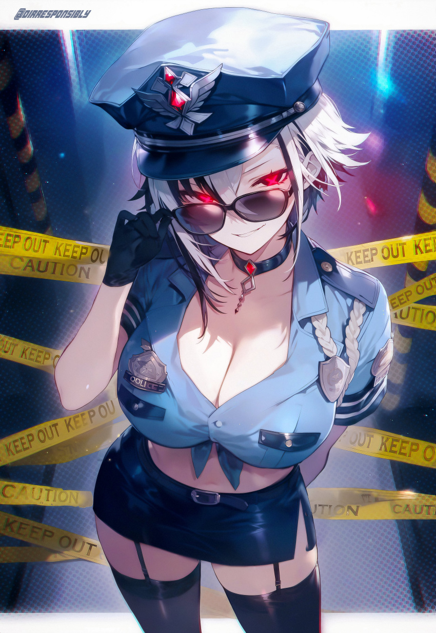 1girl absurdres ai-assisted arlecchino_(genshin_impact) breasts caution_tape dirresponsibly genshin_impact gloves hat highres large_breasts looking_at_viewer multicolored_hair pale_skin police police_badge police_hat police_uniform policewoman red_pupils streaked_hair symbol-shaped_pupils uniform white_hair x-shaped_pupils