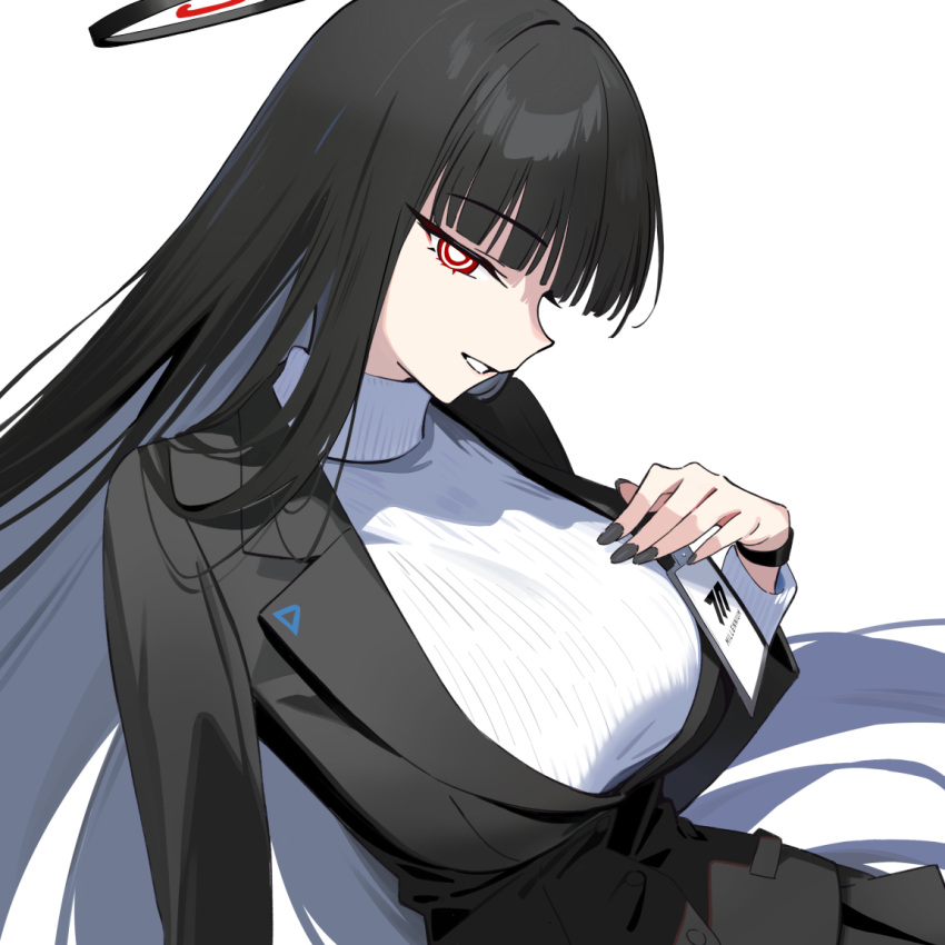 1girl black_hair black_nails blazer blue_archive breasts bright_pupils fingernails jacket large_breasts long_hair looking_at_viewer nail_polish red_eyes rio_(blue_archive) simple_background sitting smile solo sweater turtleneck turtleneck_sweater white_background white_pupils white_sweater xiaoxiao_de_kuangsan