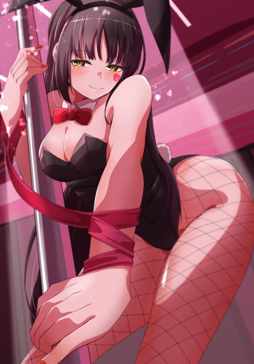 1girl absurdres alternate_costume animal_ears arm_ribbon bare_shoulders black_hair black_leotard blurry blush bow bowtie breasts cafe_stella_to_shinigami_no_chou cleavage closed_mouth commentary_request curvy depth_of_field detached_collar eyelashes fake_animal_ears fake_tail feet_out_of_frame fishnet_pantyhose fishnets foreshortening groin hair_between_eyes half-closed_eyes hand_up haribo_no_suke heart heart_sticker highleg highleg_leotard highres indoors leaning_forward leotard long_hair looking_at_viewer medium_breasts mole mole_under_eye nail_polish pantyhose pinky_out playboy_bunny pole_dancing rabbit_ears rabbit_tail red_bow red_bowtie red_nails red_ribbon ribbon shiki_natsume sidelocks smile solo split_mouth spotlight standing sticker_on_face strapless strapless_leotard tail very_long_hair yellow_eyes