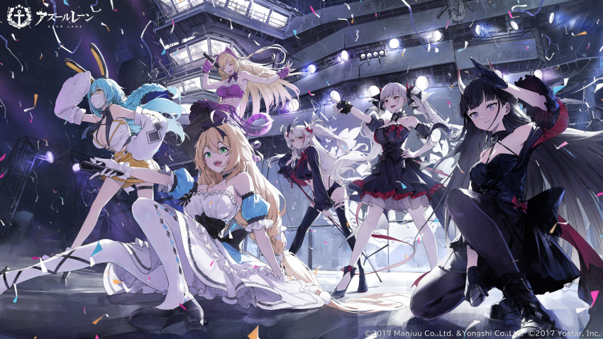 6+girls absurdres ahoge arm_support azur_lane bare_shoulders boise_(azur_lane) boots breasts closed_mouth commentary_request company_connection company_name copyright_name dress fingerless_gloves formidable_(azur_lane) frills full_body gloves hand_on_own_hip headset highres holding kongou_(azur_lane) large_breasts le_temeraire_(azur_lane) logo long_hair long_sleeves medium_breasts microphone midriff multiple_girls noshiro_(azur_lane) official_art open_mouth pantyhose prinz_eugen_(azur_lane) puffy_short_sleeves puffy_sleeves shoes short_dress short_sleeves shorts single_glove sleeveless smile somehira_katsu stage thighhighs