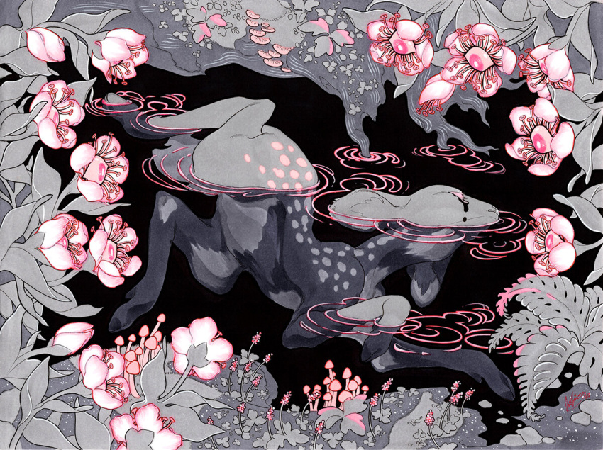 black_tears crying fawn fern fleebites flower grey_fur leaf limited_palette monochrome mushroom no_humans original pink_flower pink_theme pond ripples signature spot_color underwater water