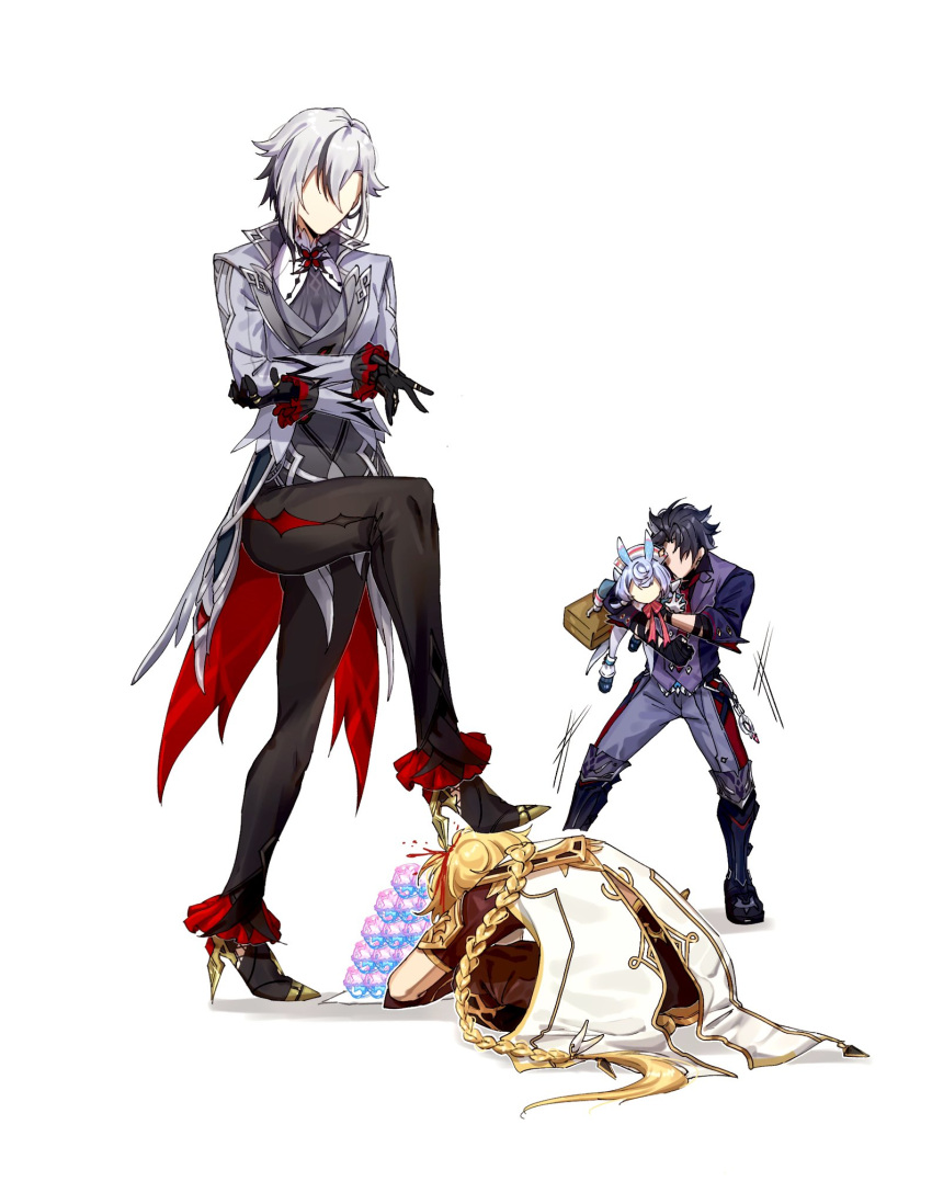 2boys 2girls aether_(genshin_impact) arlecchino_(genshin_impact) black_hair black_hands black_skin blonde_hair blood boots braid cape coat coattails colored_extremities colored_skin faceless faceless_female faceless_male foot_on_head frilled_pants frills full_body gacha gameplay_mechanics genshin_impact gloves grey_coat grey_hair hand_on_own_arm hat height_difference high_heels highres injury intertwined_fate jewelry long_hair long_sleeves looking_at_another multicolored_hair multicolored_skin multiple_boys multiple_girls multiple_rings nurse_cap pants ring shirt shoes short_hair sigewinne_(genshin_impact) simple_background single_braid standing standing_on_one_leg stepped_on two-tone_hair very_long_hair vest white_background white_gloves wriothesley_(genshin_impact) yuka_(pixiv38407039)