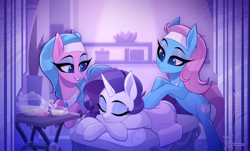 3girls aloe_(my_little_pony) artist_logo artist_name blue_eyes blue_fur blue_hair closed_eyes eyeshadow highres horse indoors long_hair lotus_(my_little_pony) lying makeup massage multiple_girls my_little_pony my_little_pony:_friendship_is_magic no_humans on_stomach pink_fur pink_hair purple_eyeshadow purple_hair rarity_(my_little_pony) thewandie unicorn white_fur