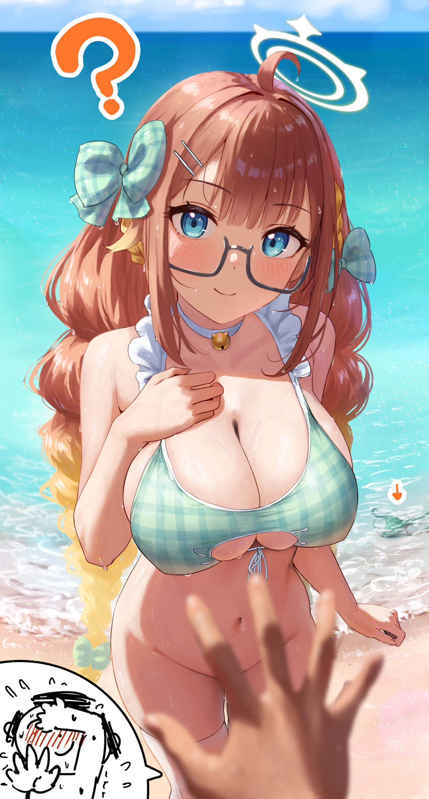 1boy 1girl ? absurdres arrow_(symbol) bare_shoulders beach bikini bikini_top_only blonde_hair blue_archive blue_eyes blue_sky blurry blurry_foreground blush bottomless bow braid breasts cleavage closed_mouth covering_own_eyes day doodle_sensei_(blue_archive) gingham gingham_bikini glasses gradient_hair green_bikini groin hair_bow hair_ornament hairclip halo highres large_breasts long_hair looking_at_viewer multicolored_hair nose_blush ocean orange_hair outdoors pov sensei_(blue_archive) shimiko_(blue_archive) sidelocks sky smile solo_focus sweat swimsuit tansui_san_(tcjp4784) thighhighs twin_braids very_long_hair wardrobe_malfunction wet wet_hair white_thighhighs