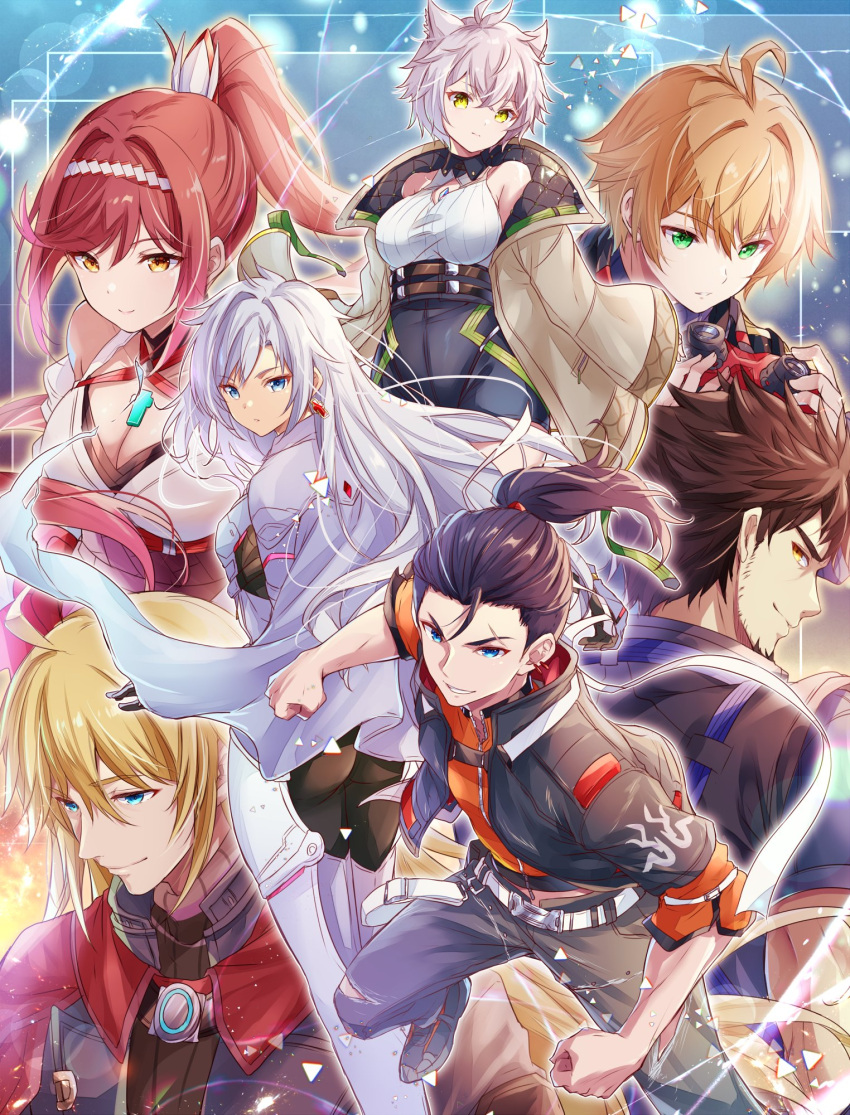 3girls 4boys a_(xenoblade) ass bare_shoulders blonde_hair blue_eyes breasts chest_jewel cleavage core_crystal_(xenoblade) earrings glimmer_(xenoblade) grey_hair hair_between_eyes hair_intakes high_ponytail highres japanese_clothes jewelry kimono large_breasts long_hair matthew_(xenoblade) messy_hair multiple_boys multiple_girls na'el_(xenoblade) nikol_(xenoblade) ponytail red_hair rex_(xenoblade) shulk_(xenoblade) single_earring smile swept_bangs ui_frara very_long_hair white_kimono xenoblade_chronicles_(series) xenoblade_chronicles_3 xenoblade_chronicles_3:_future_redeemed