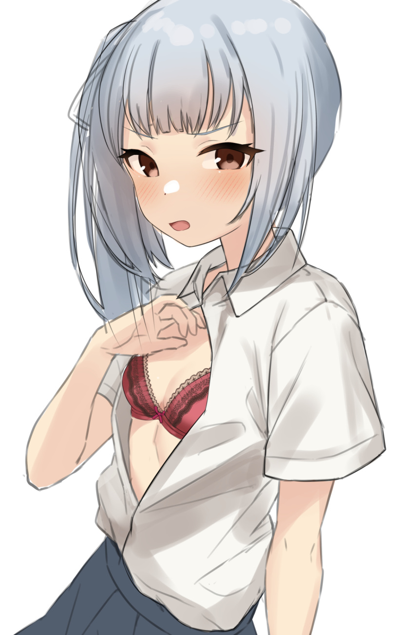 1girl aqua_hair arm_support blunt_bangs blush bow bra breasts brown_eyes button_gap buttons cleavage collared_shirt commentary_request dress_shirt eyelashes grey_hair grey_skirt hand_up highres kantai_collection kasumi_(kancolle) long_hair looking_at_viewer medium_hair open_clothes open_mouth open_shirt parted_lips pleated_skirt ponytail red_bra ribbon sakieko school_uniform shirt short_sleeves side_ponytail simple_background skirt small_breasts solo thick_eyelashes unbuttoned underwear upper_body white_background white_shirt