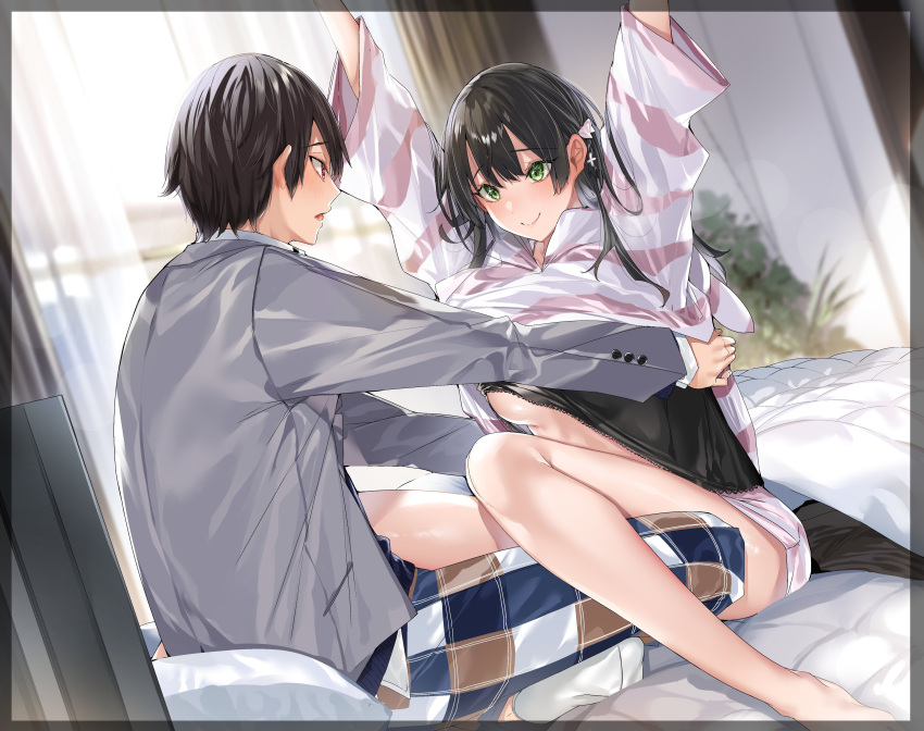 1boy 1girl absurdres arms_up bare_legs bed black_hair blush border bow braid breasts brown_eyes closed_mouth commentary_request curtains green_eyes grey_jacket hair_bow highres hitotsuba_kaede jacket kakao_(chocolate_land) legs long_hair morning novel_illustration official_art on_bed open_mouth outstretched_arms pants plaid plaid_pants ryoushin_no_shakkin school_uniform second-party_source shiny_skin short_hair sitting sleepwear smile socks striped_clothes teeth thighs transparent_border underboob undressing_another white_bow white_socks yoshizumi_yuya