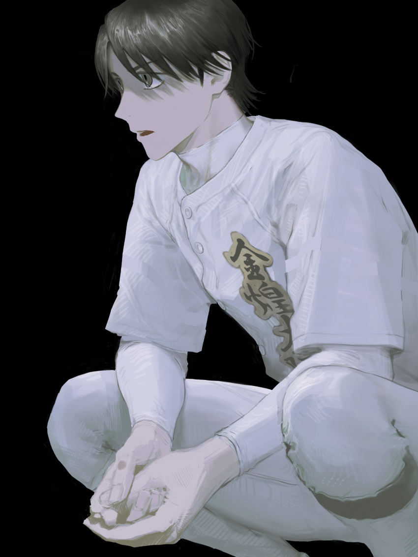 1boy absurdres baseball_uniform black_eyes black_hair diamond_no_kouzai highres kedamamogumogu long_sleeves male_focus own_hands_together pants shirt short_hair solo sportswear squatting tougou_hina white_pants white_shirt